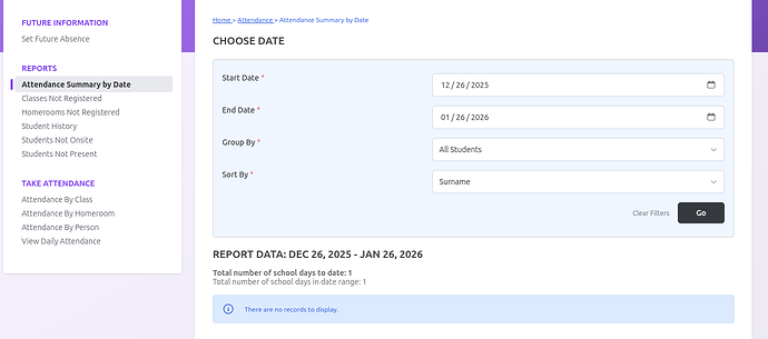 Attendence Summary Report Results
